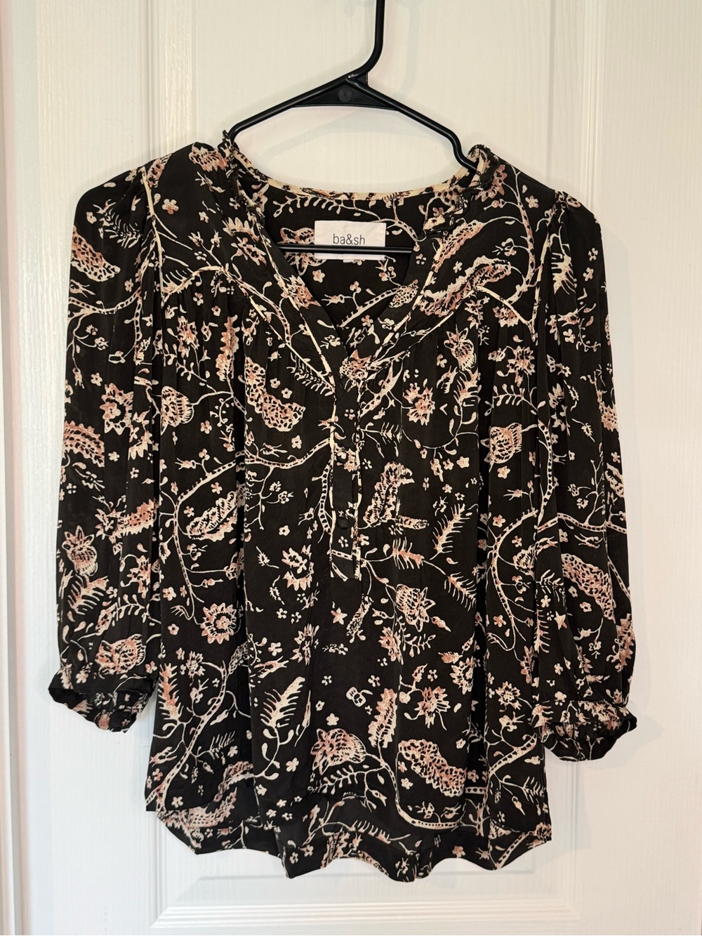 ba&sh Black Blouse with Light Pink Floral Print